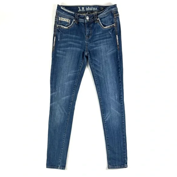 LA Idol USA Leopard Pocket Rhinestone Studded Medium Wash Skinny Jeans - Picture 2 of 9